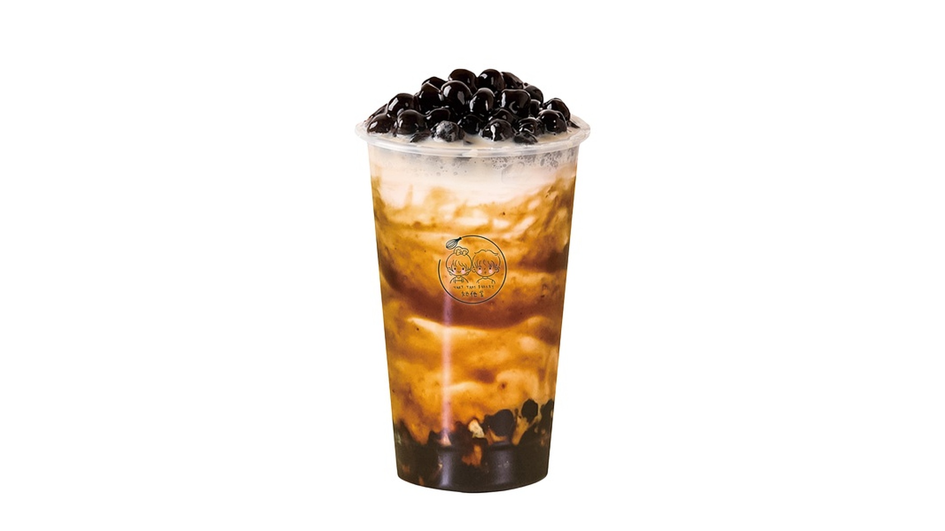 A clear cup of classical dirty bubble tea displaying dark brown sugar patterns marbled throughout the milk, crowned with a generous scoop of shiny black boba pearls at Tart Tart Bakery, a Cake shop in Hicksville