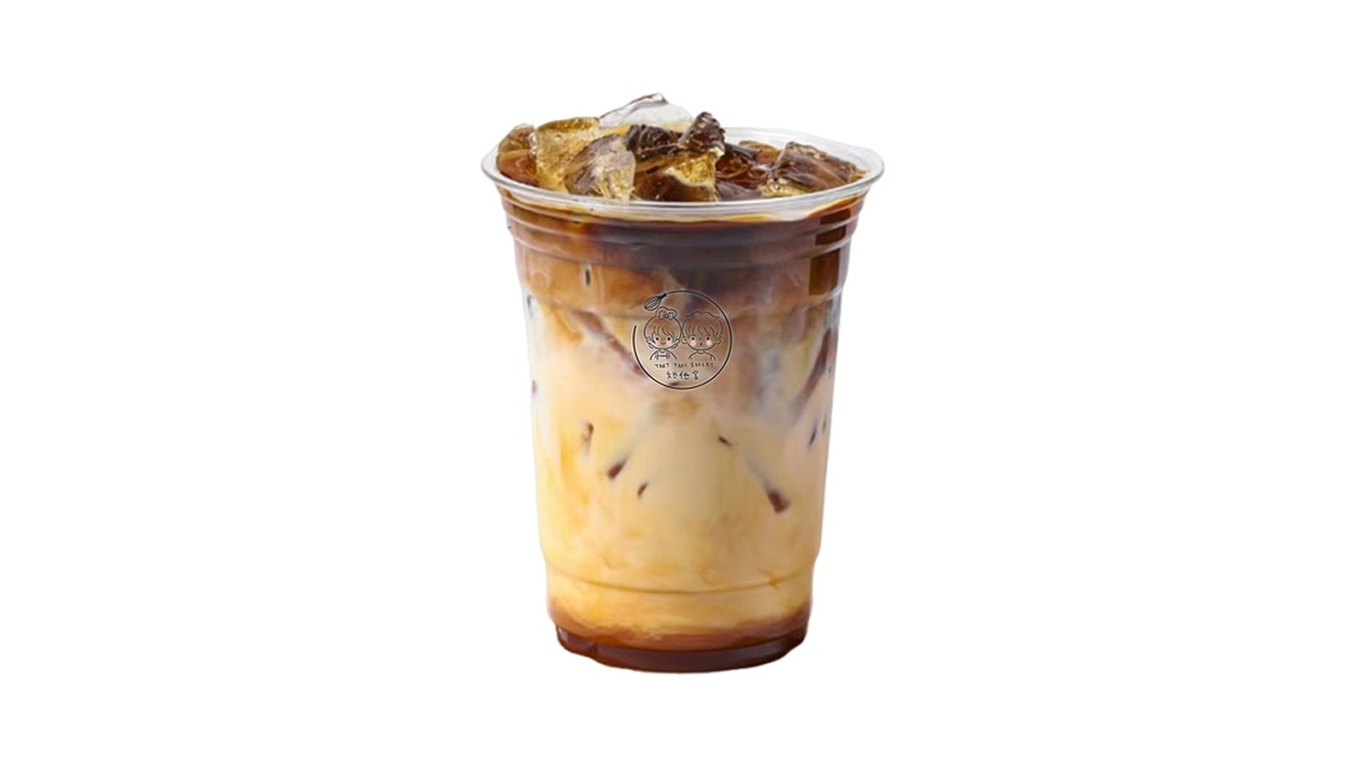 A clear plastic cup filled with iced coffee milk tea, showcasing a marbled gradient from light tan milk tea at the bottom to dark brown espresso swirls at the top, featuring a small circular cartoon logo at Tart Tart Bakery, a Cake shop in Hicksville