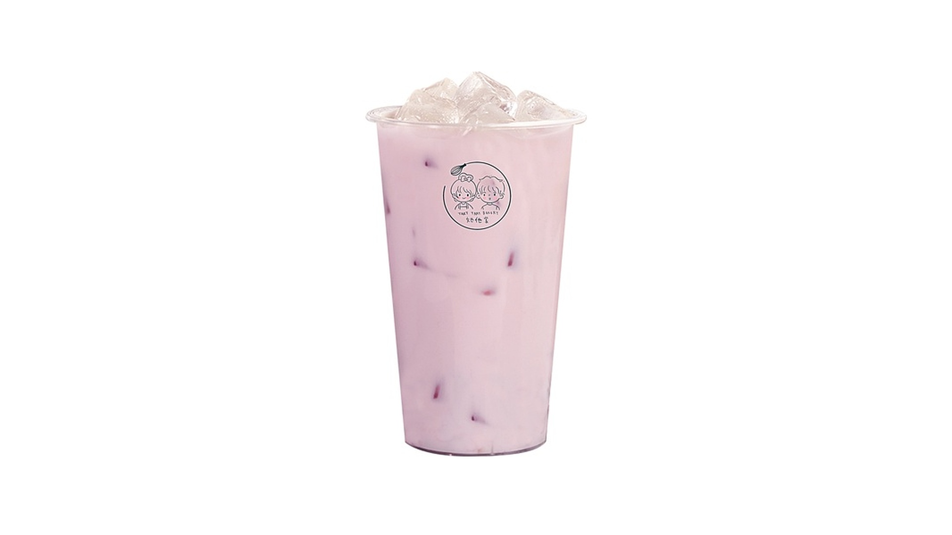 A clear plastic cup filled with light purple taro milk tea over ice, featuring the Tart Tart Bakery logo of a cartoon boy and girl on the front, set against a plain white background at Tart Tart Bakery, a Cake shop in Hicksville