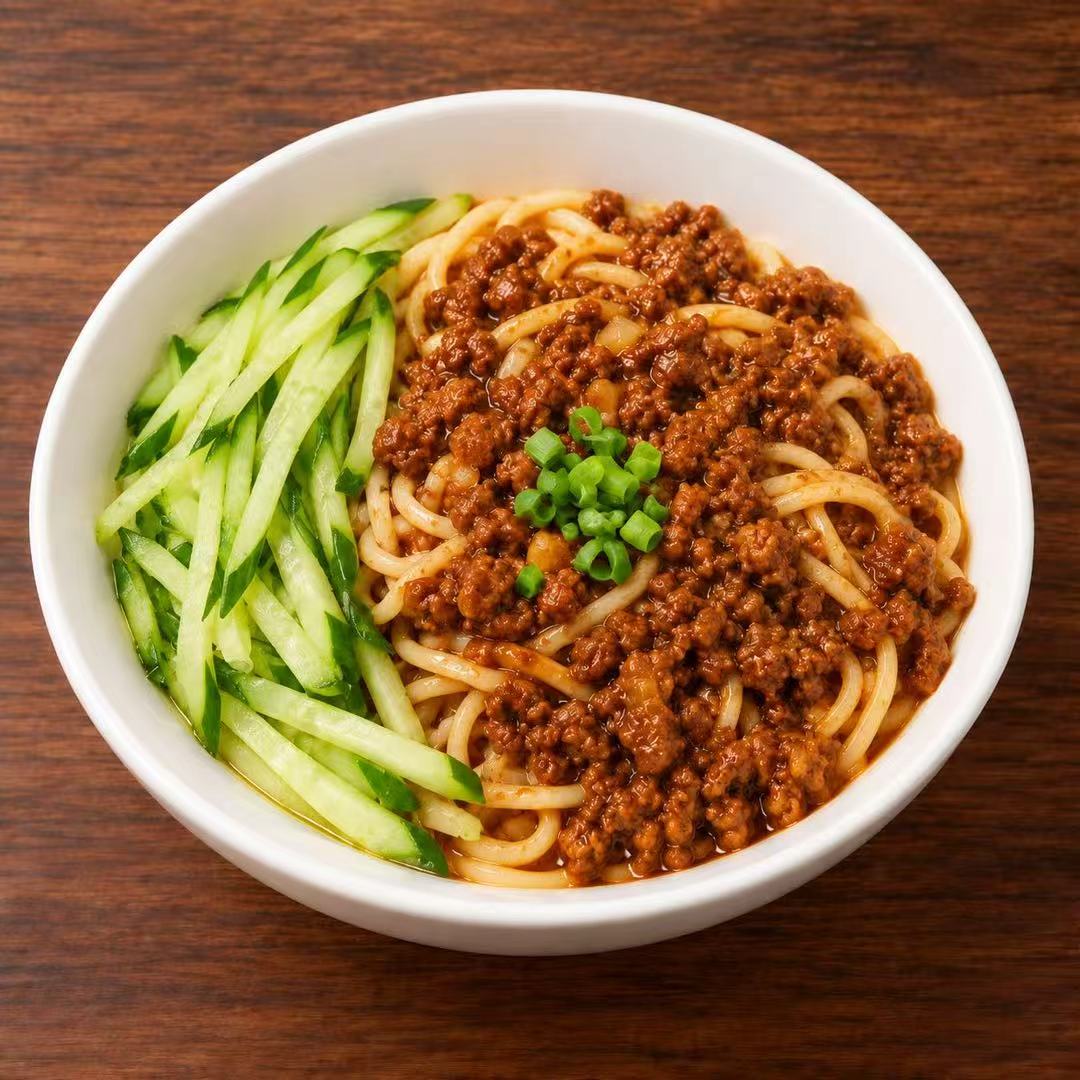 Saucy minced pork noodles with shredded cucumber