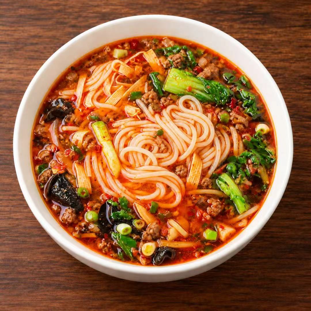 Spicy minced pork rice noodles with greens and fungus