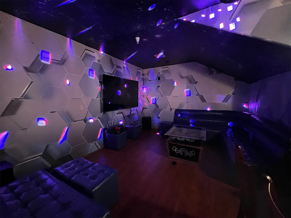 A vibrant private karaoke lounge with LED lighting at Tasty Palace 品香阁，a Chinese Restaurant in Davis