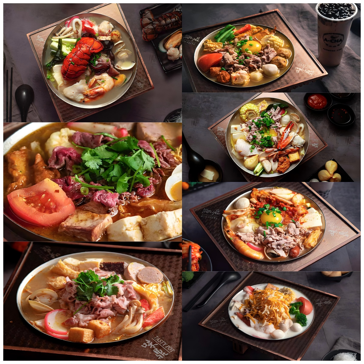 Assorted hot pots with meats, seafood, veggies at Tasty Pot Chinese Restaurant in Tucson