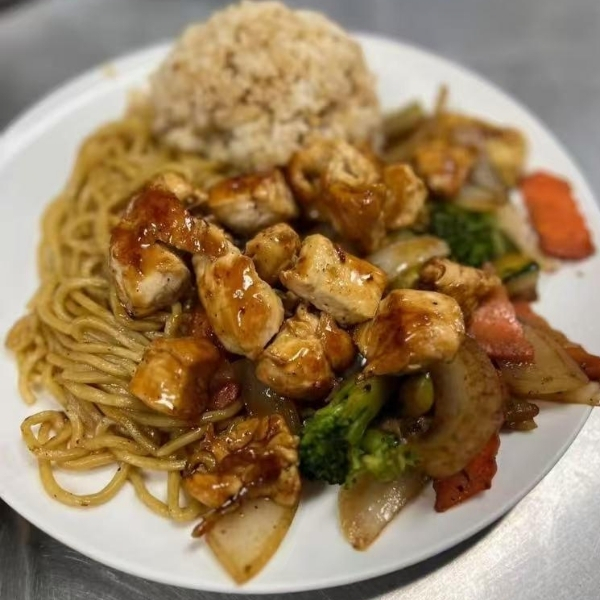 Chicken teriyaki with noodles, fried rice, veggies at Tasty Ramen, a Ramen Restaurant in New Port Richey