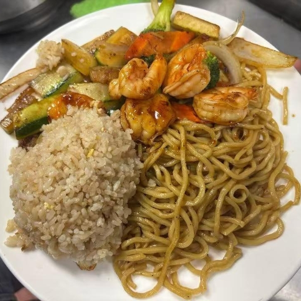 Shrimp teriyaki with noodles, fried rice, veggies at Tasty Ramen, a Ramen Restaurant in New Port Richey