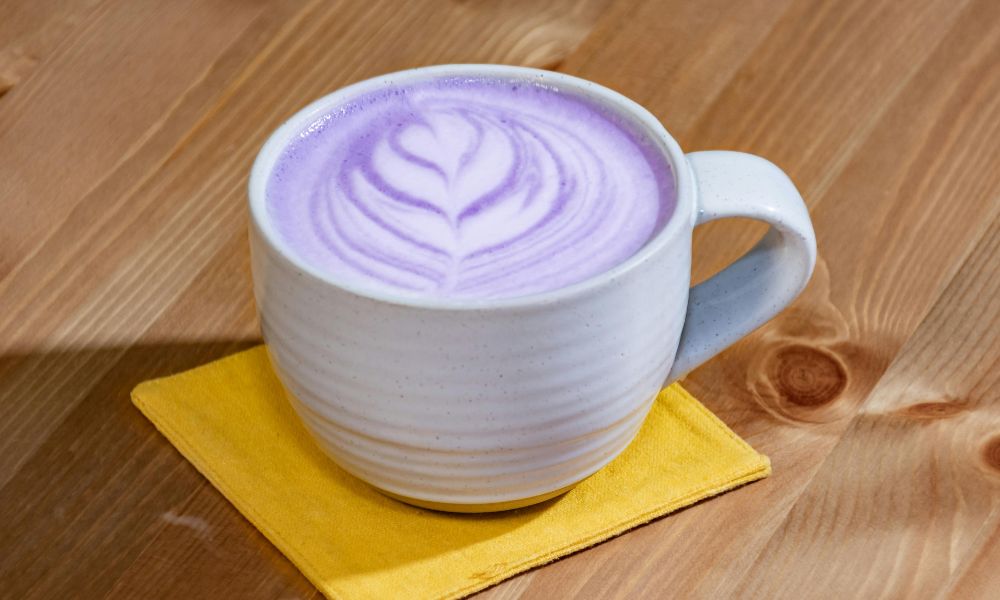 Taro latte with heart latte art in a speckled ceramic mug at Tea & Brown - Yellowstone, a Bubble Tea Store in West Yellowstone