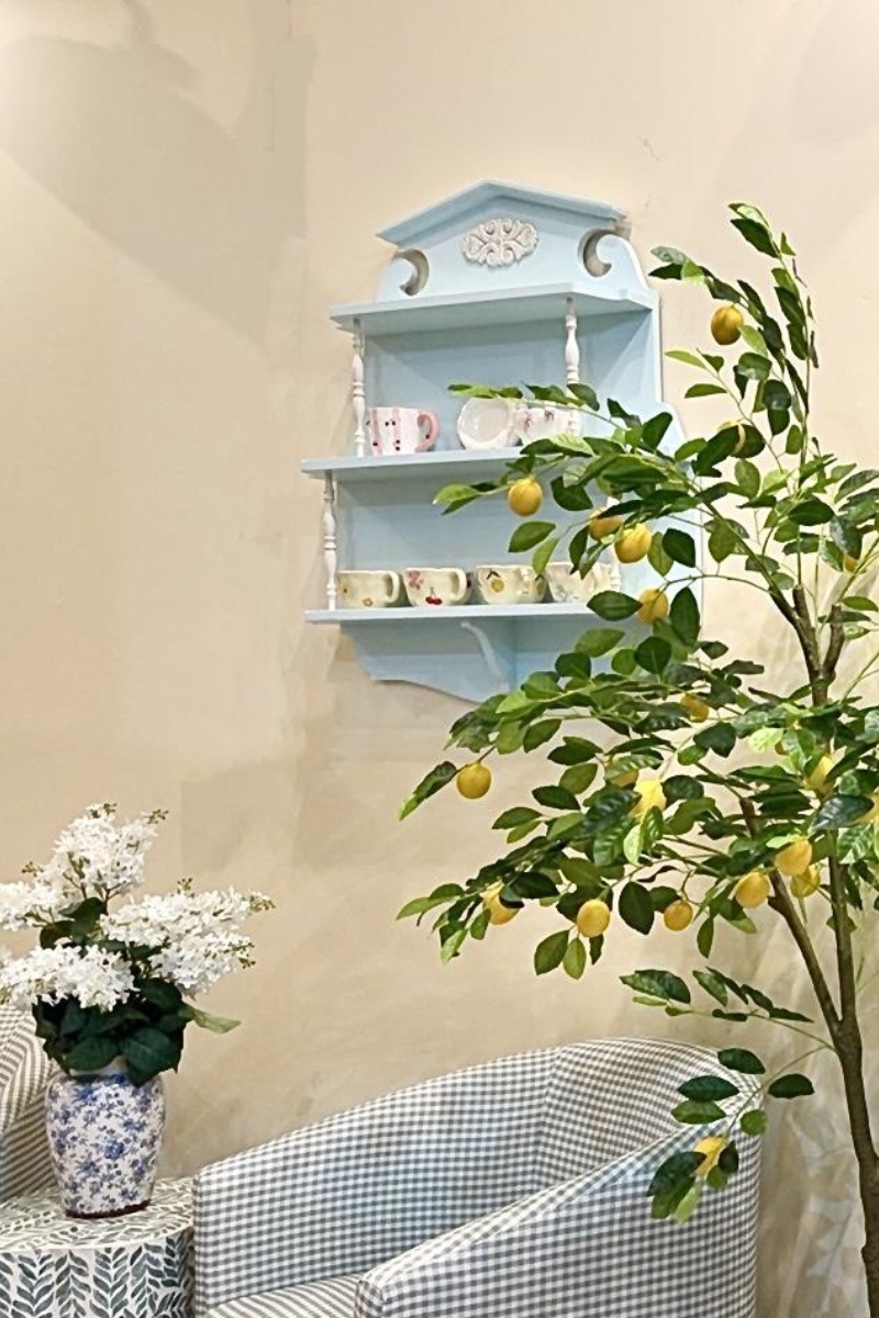 Cute light blue shelf decor with lemon tree at Tea.Lab, a Bubble Tea Store in FL