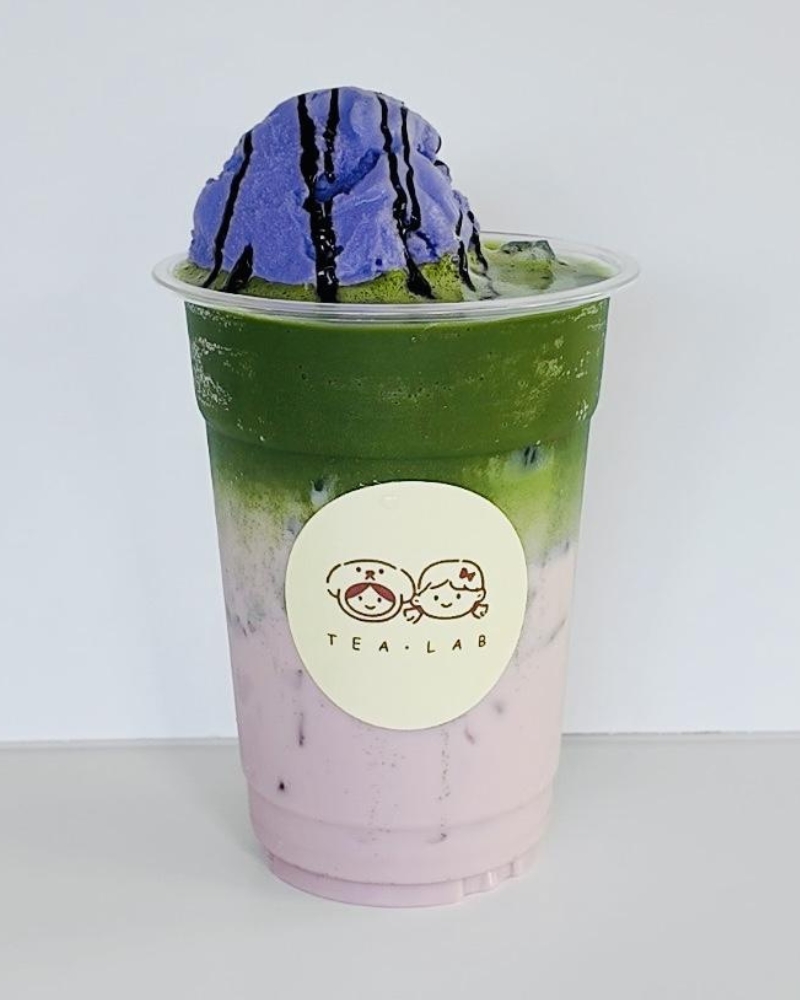 Matcha pink milk drink topped with purple ice cream at Tea.Lab, a Bubble Tea Store in FL