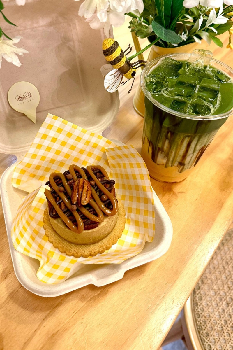 Pecan caramel tart and matcha drink set at Tea.Lab, a Bubble Tea Store in FL