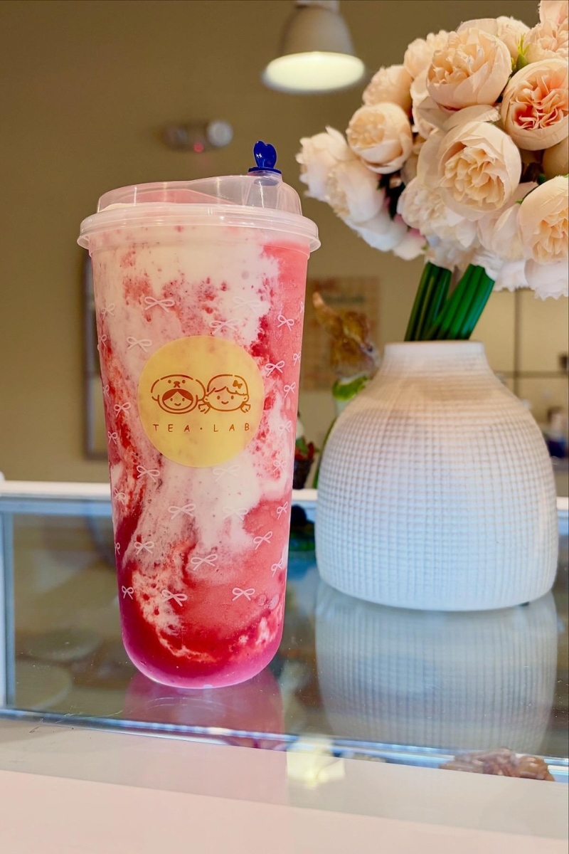 Strawberry milk layered icy blended drink at Tea.Lab, a Bubble Tea Store in FL
