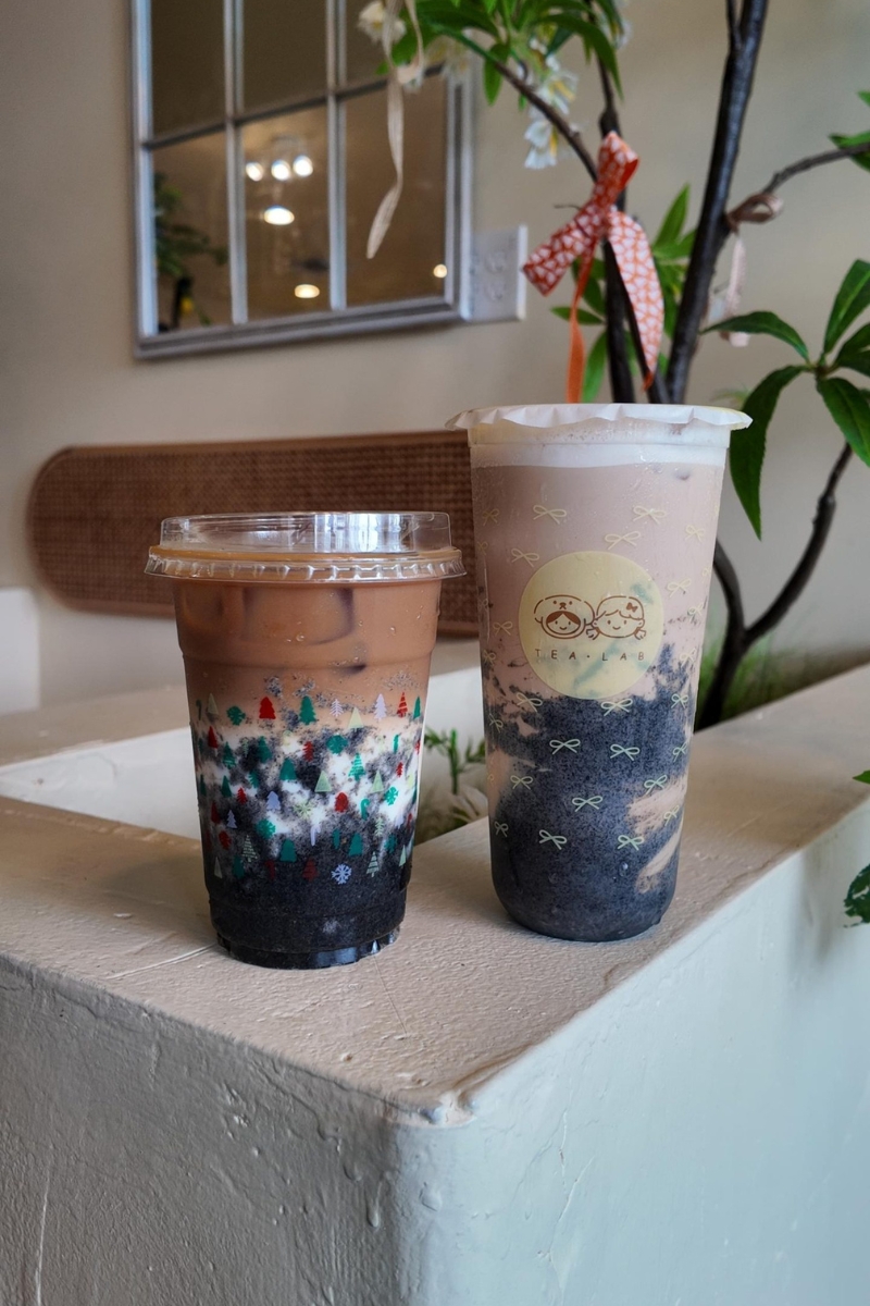 Two black sesame gradient bubble tea drinks at Tea.Lab, a Bubble Tea Store in FL