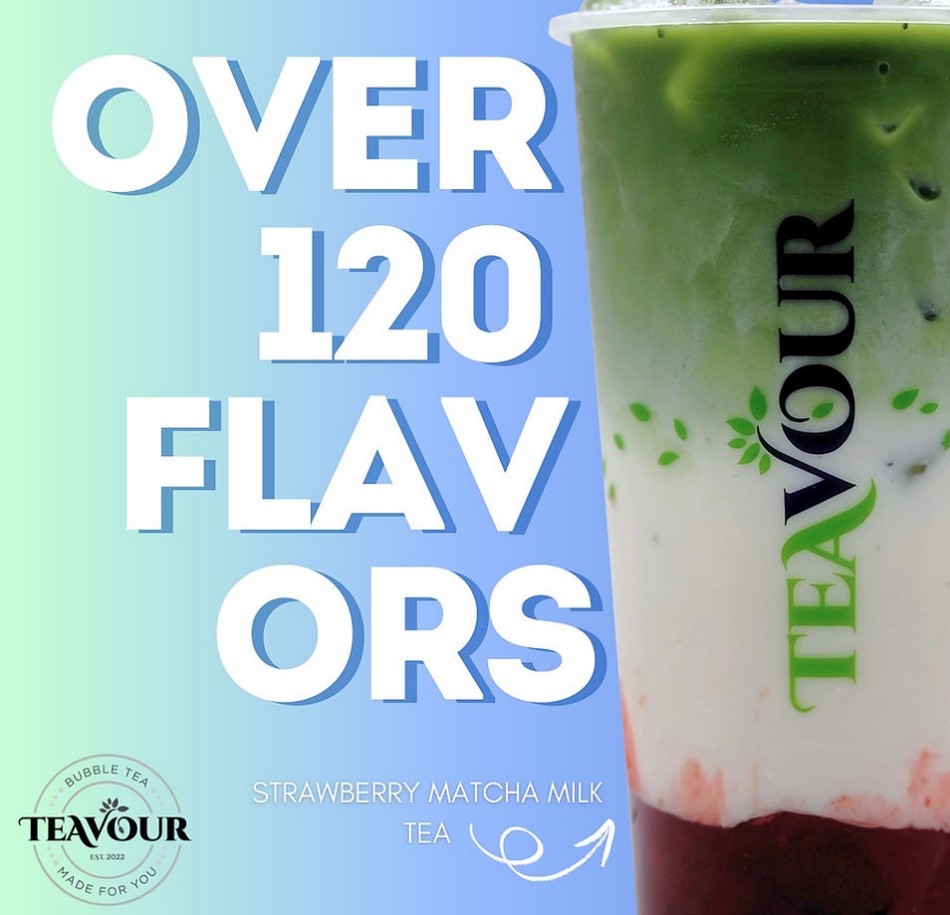 Strawberry matcha milk tea poster of Teavour brand