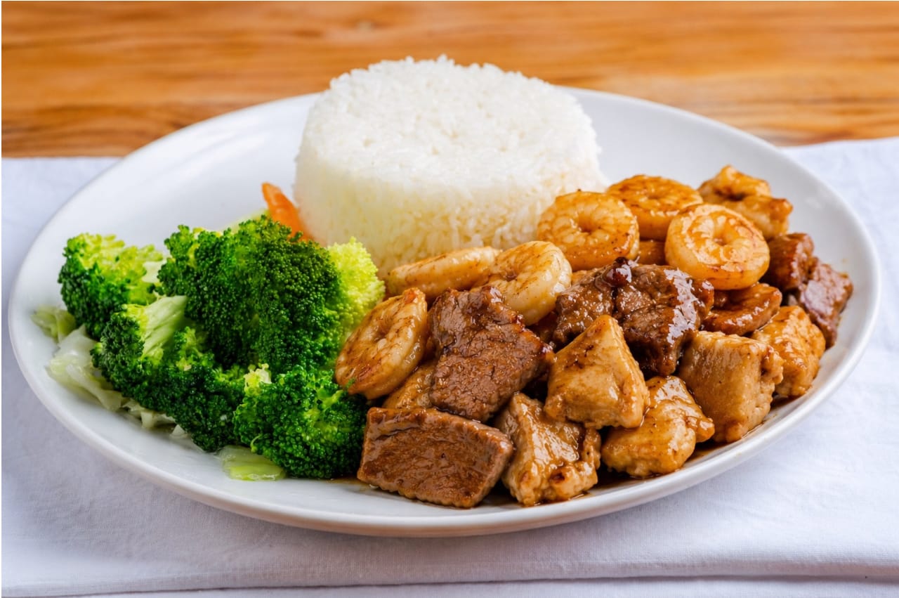 Chicken, beef and shrimp teriyaki triple combo plate at Teriyaki 365, a Japanese Restaurant in Long Island City