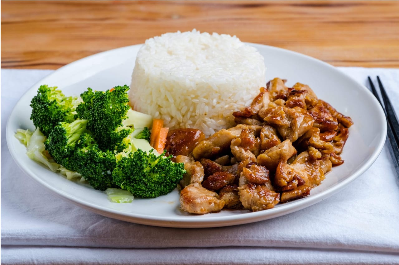 Chicken teriyaki rice plate with steamed broccoli at Teriyaki 365, a Japanese Restaurant in Long Island City