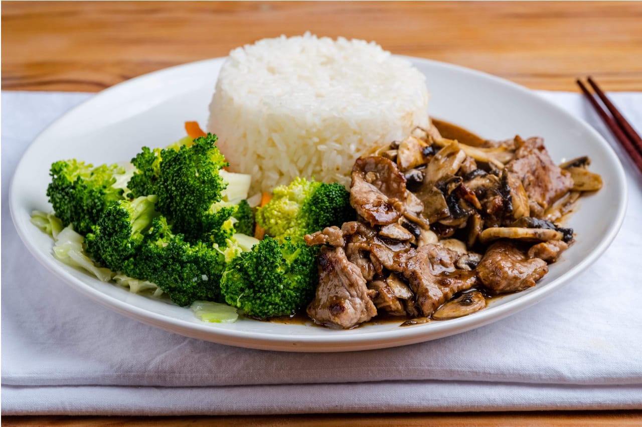 Beef teriyaki rice plate with mixed vegetables at Teriyaki 365, a Japanese Restaurant in Long Island City