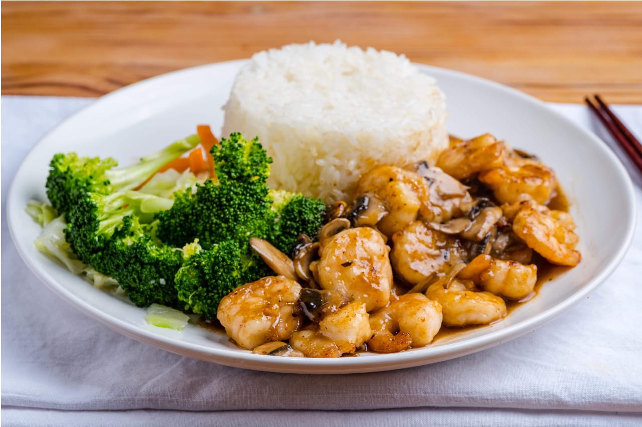 Shrimp teriyaki rice plate with broccoli and carrots at Teriyaki 365, a Japanese Restaurant in Long Island City