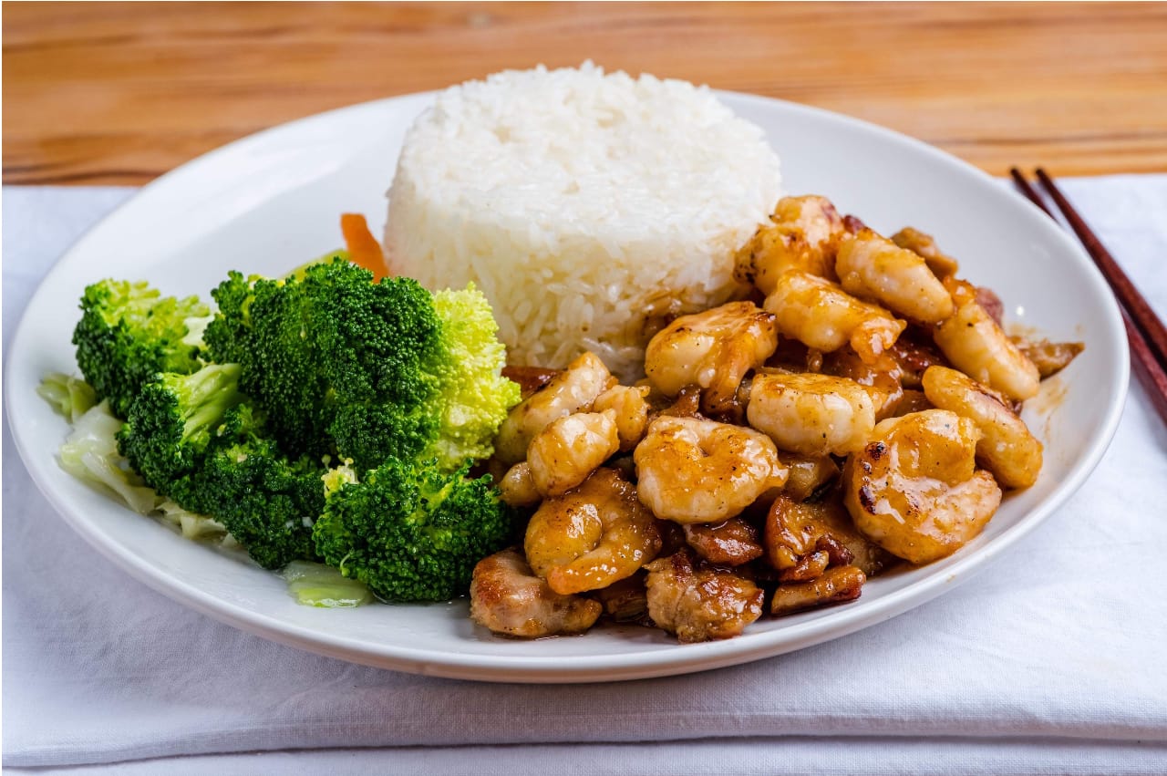 Chicken and shrimp teriyaki combo rice plate at Teriyaki 365, a Japanese Restaurant in Long Island City