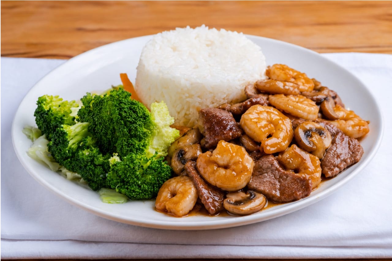 Beef and shrimp teriyaki combo rice plate at Teriyaki 365, a Japanese Restaurant in Long Island City
