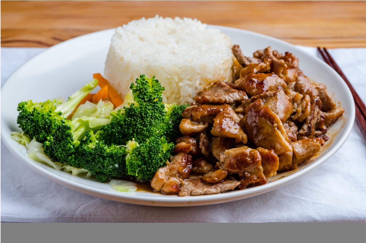 Chicken and beef teriyaki combo rice plate at Teriyaki 365, a Japanese Restaurant in Long Island City