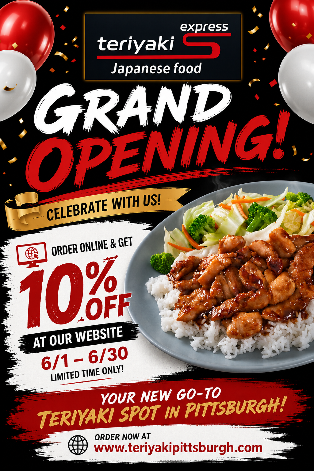 Grand opening flyer: Teriyaki Express, Japanese food. Order online for $10 off, June 1–30. Website teriyakipittsburgh.com.