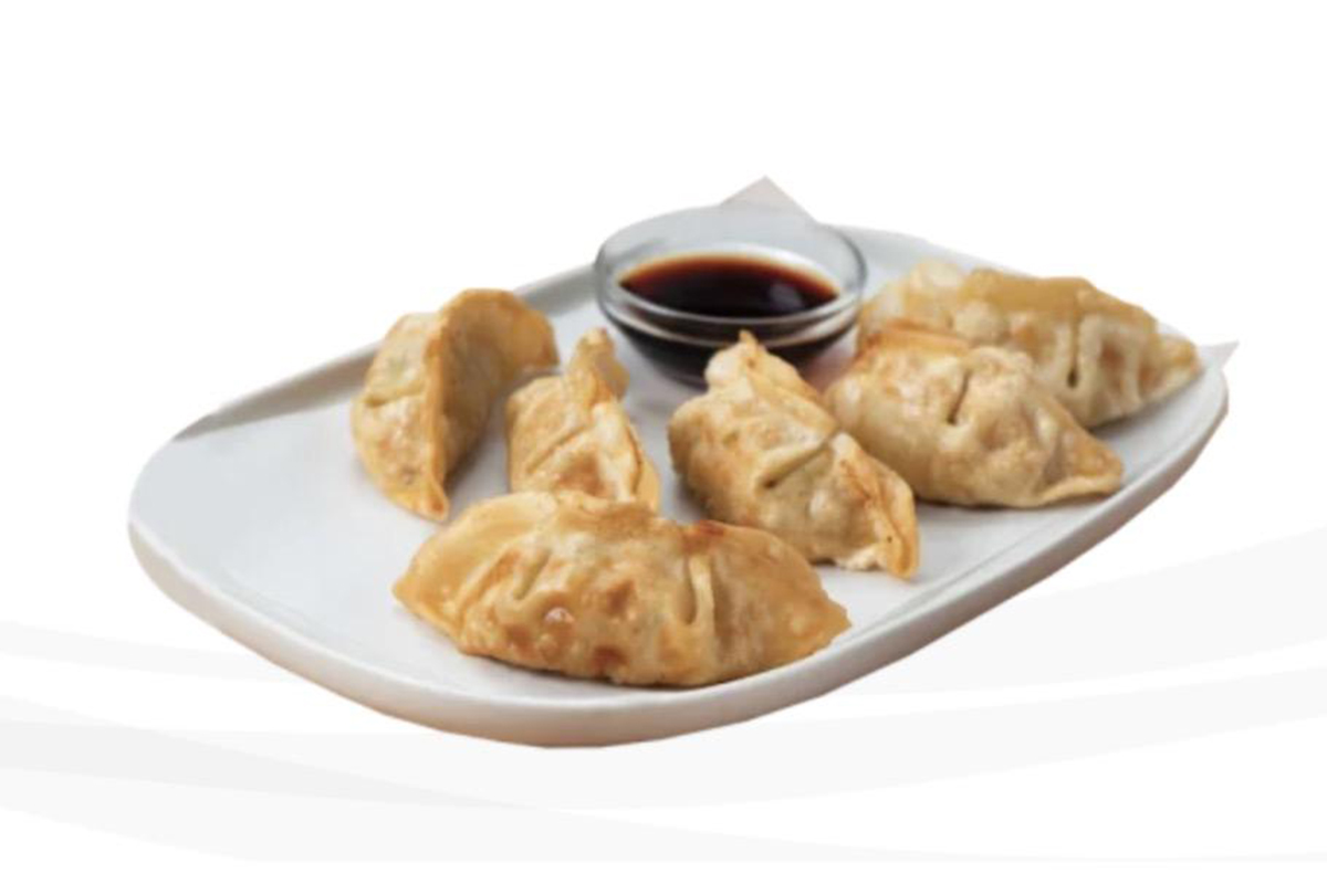 Six chicken dumplings crisped to perfection at Teriyaki Express, a Japanese Restaurant in Pittsburgh