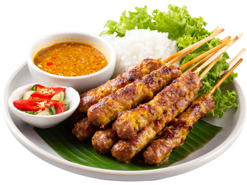 Grilled chicken skewers with rice and sauce at Thai Golden Bowl, a Thai Restaurant in Columbus