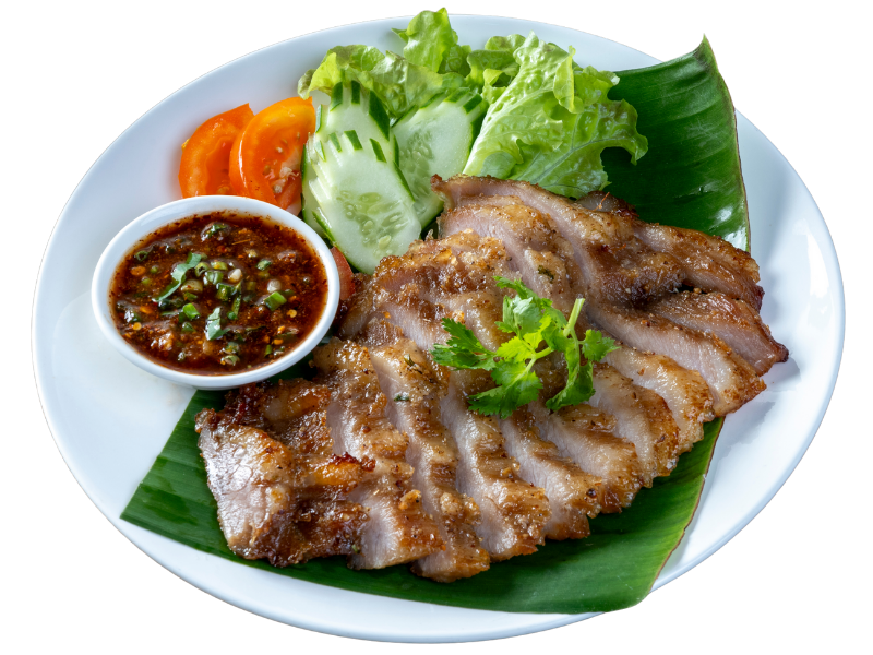 Grilled pork jowl with veggies and sauce at Thai Golden Bowl, a Thai Restaurant in Columbus