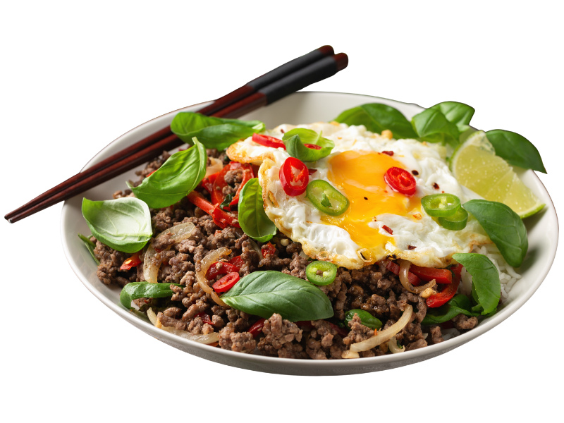 Spicy basil beef with egg over rice at Thai Golden Bowl, a Thai Restaurant in Columbus