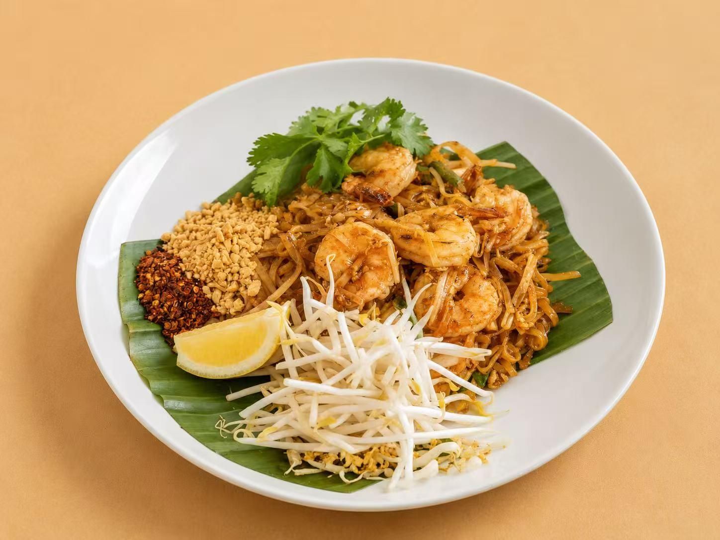 Pad Thai noodles with shrimp and peanuts at Thai Society, a Thai Restaurant in Westfield