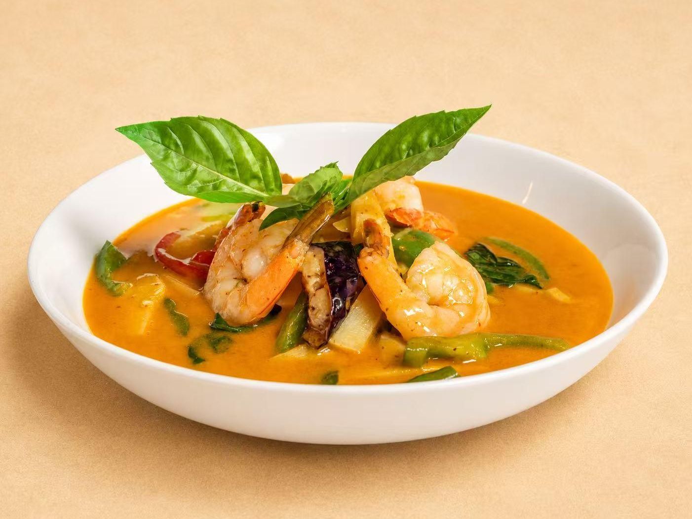 Red curry with shrimp and vegetables at Thai Society, a Thai Restaurant in Westfield