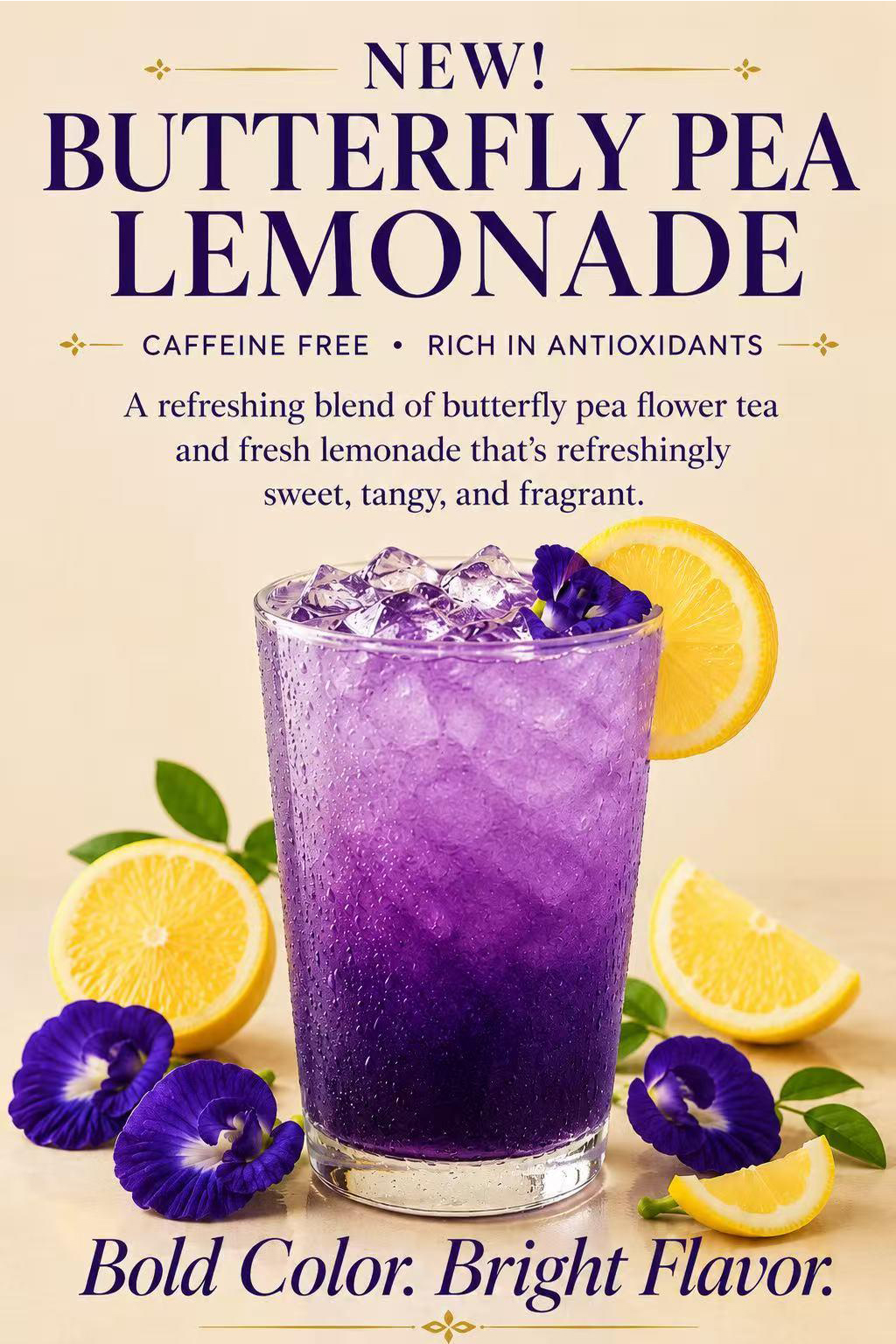Butterfly Pea Lemonade Promotion with Purple Drink, Lemons, and Flowers