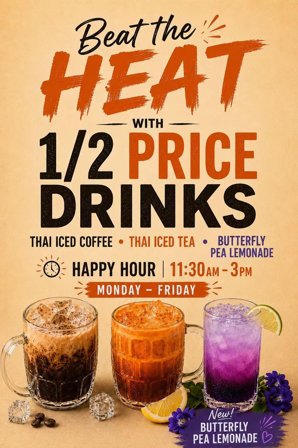 Half Price Drinks with Thai Iced Coffee-Thai Iced Tea and Lemonade