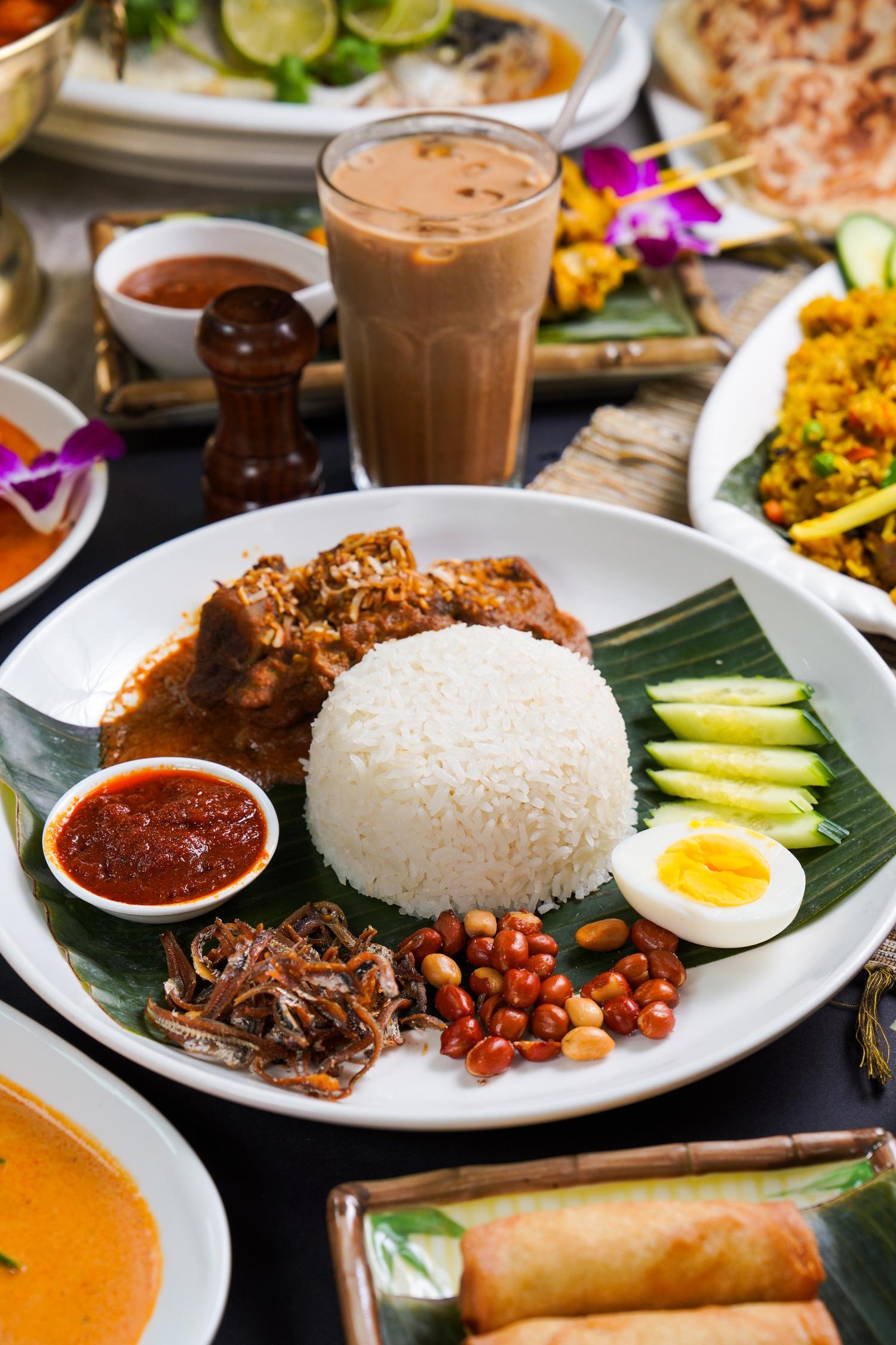 Nasi lemak with curry chicken, boiled egg, peanut and sambal sauce