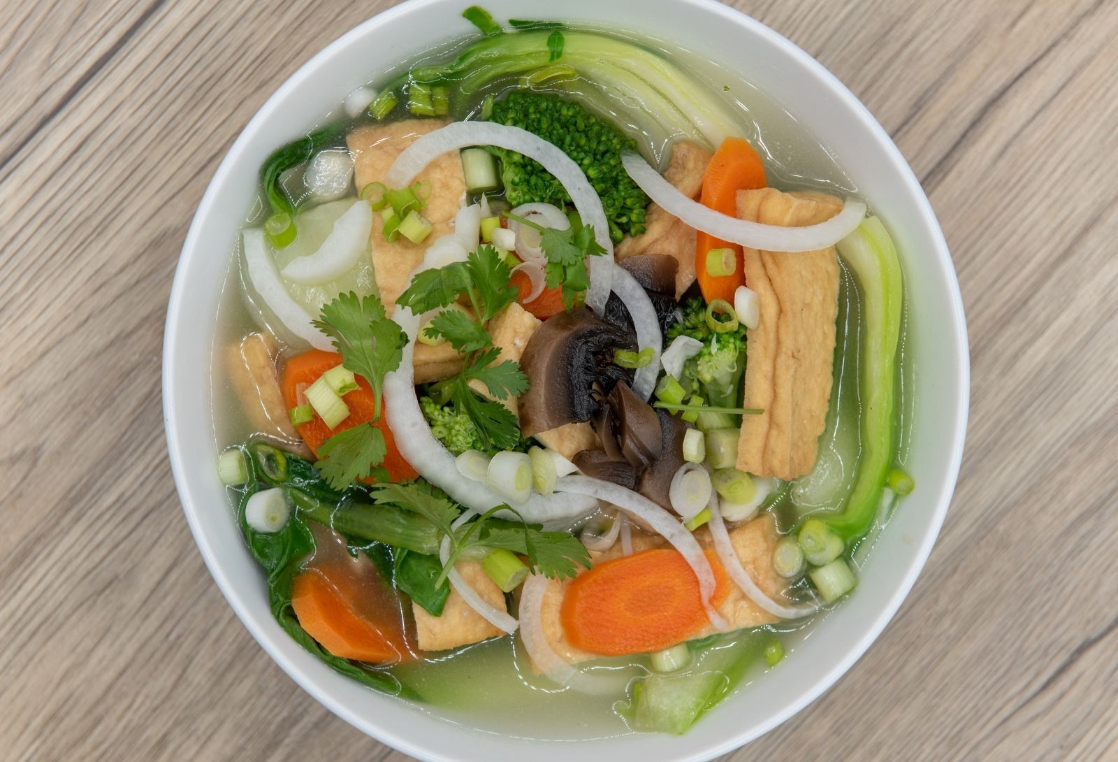 Clear vegetable tofu soup with broccoli at Thanh Binh, a Vietnamese Restaurant in Lake Forest