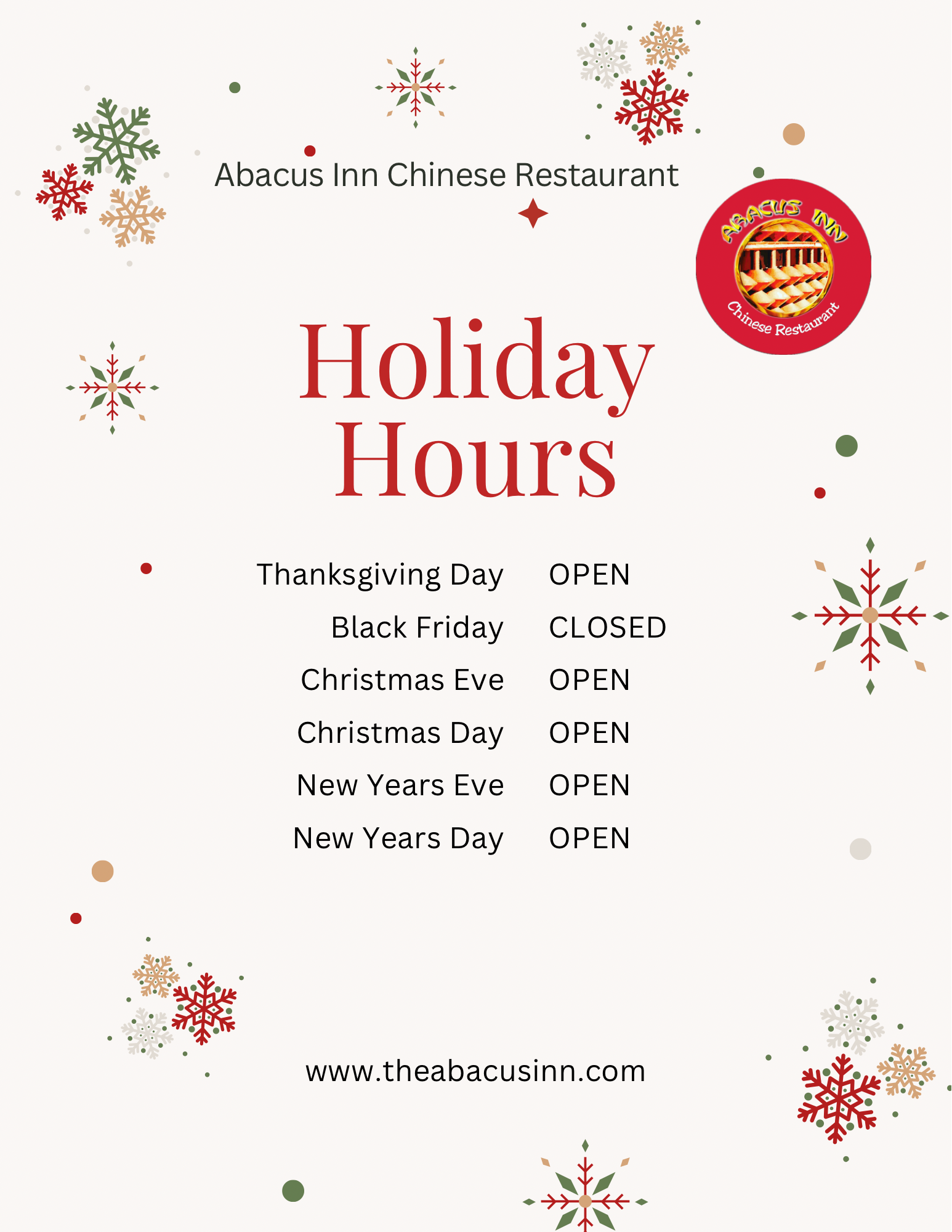 Abacus Inn Chinese Restaurant holiday hours listing Thanksgiving open, Black Friday closed, Christmas and New Year days open.