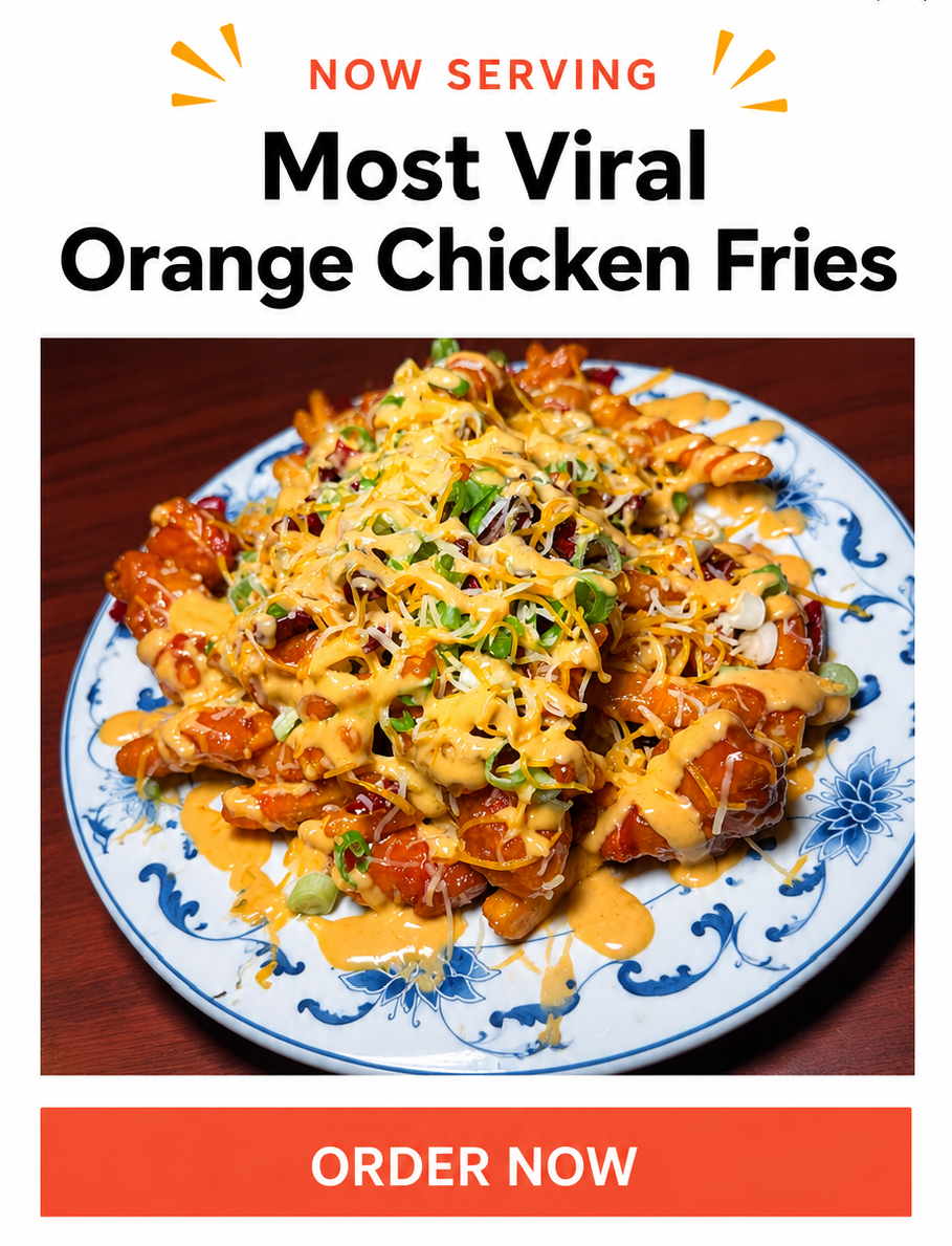 Viral Orange Chicken Fries ad: crispy chicken, orange sauce, cheese, onions on a plate. ORDER NOW button with four feature icons.