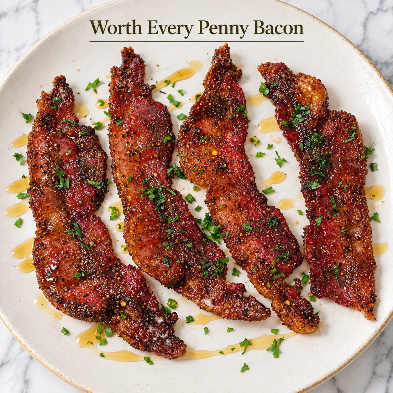 Crispy glazed bacon strips with herbs
