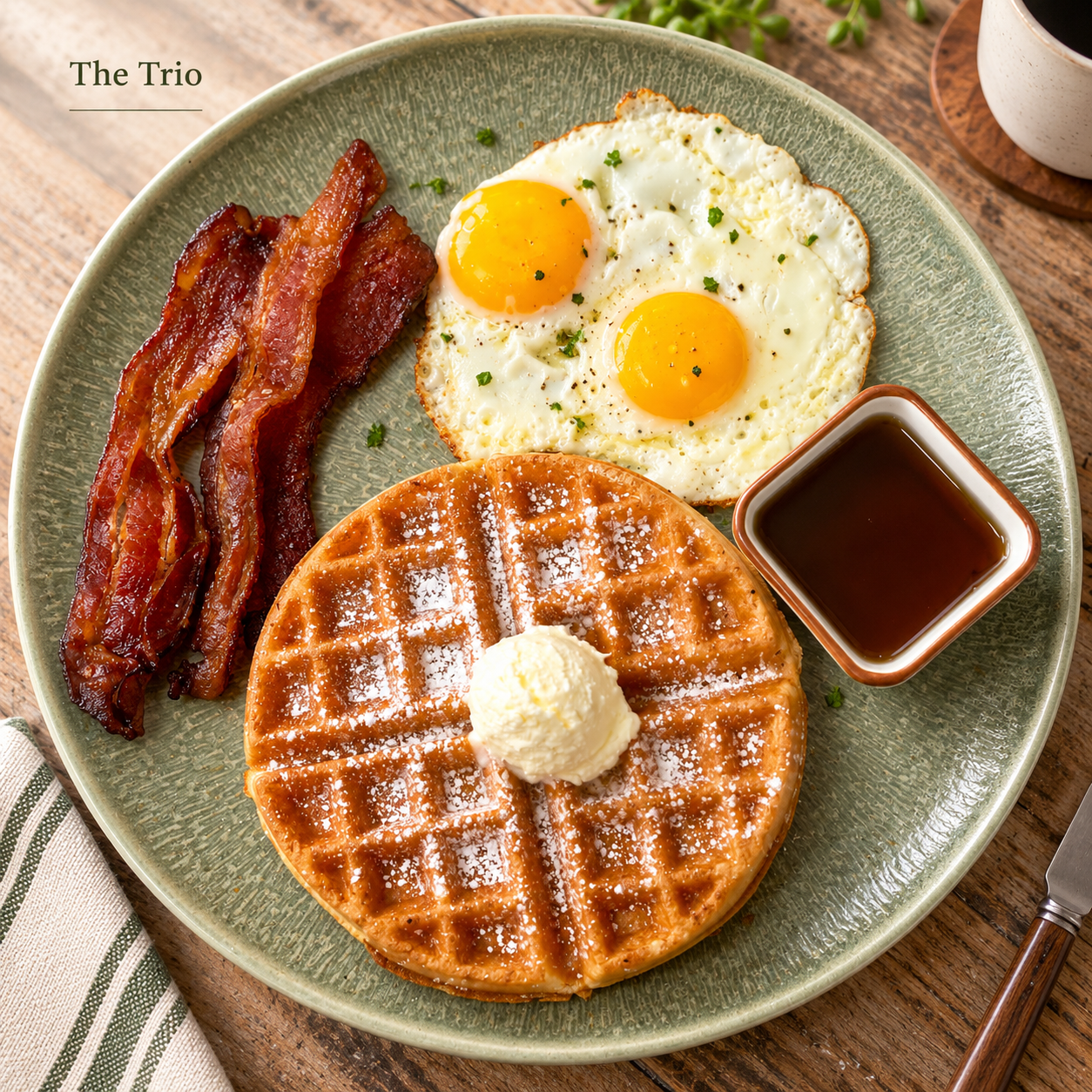 Waffle with eggs, bacon, butter, and syrup