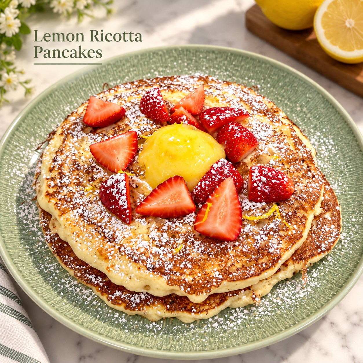 Lemon ricotta pancakes with strawberries and powdered sugar