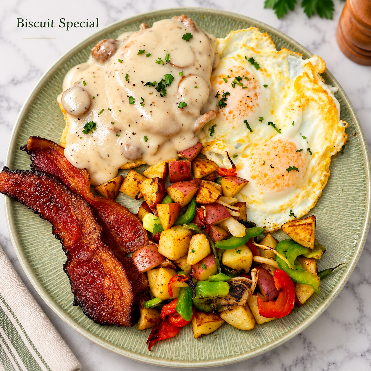 Biscuit special with gravy, eggs, bacon, and home fries