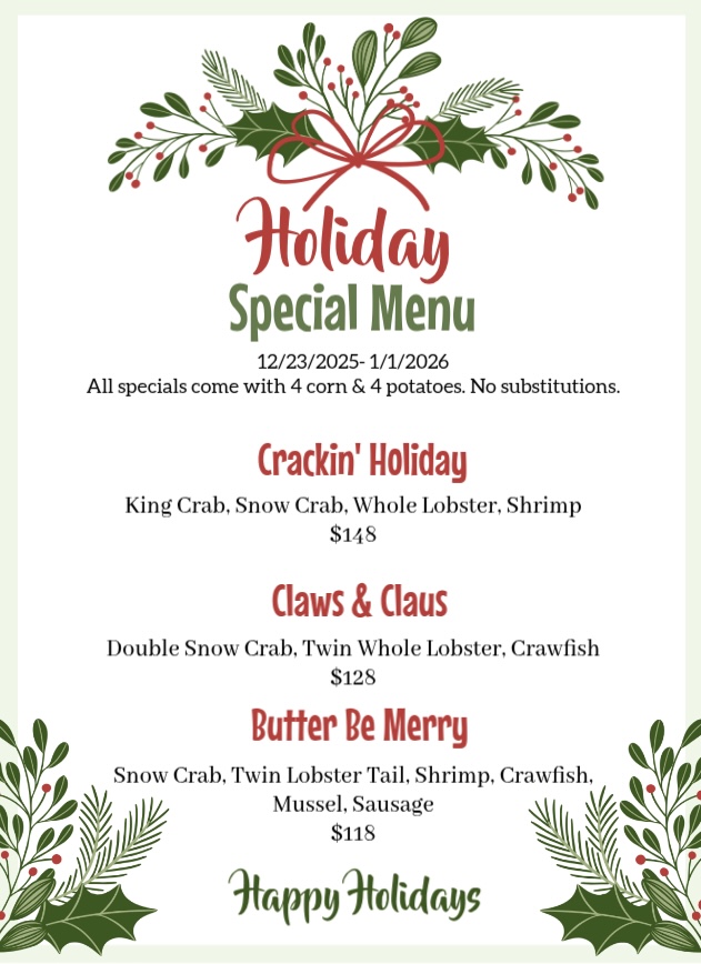 Holiday Special Menu 12/23/25-1/1/26 with three seafood combo options.