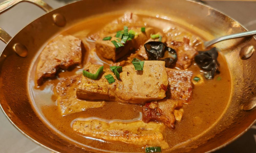Braised tofu with mushrooms in a rich brown sauce garnished with green onions at The Imperial Treasure, a Chinese restaurant in Matthews