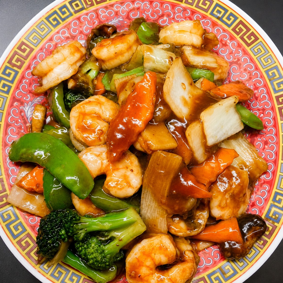 Shrimp stir fry with broccoli peppers and onions at The Jade Bowl House, a Chinese Restaurant in Columbus