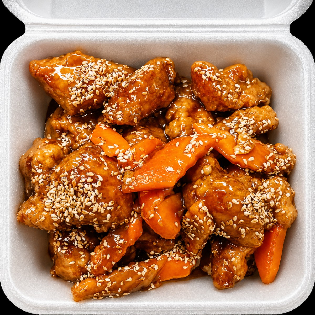 Sesame chicken with carrots in glossy sauce at The Jade Bowl House, a Chinese Restaurant in Columbus