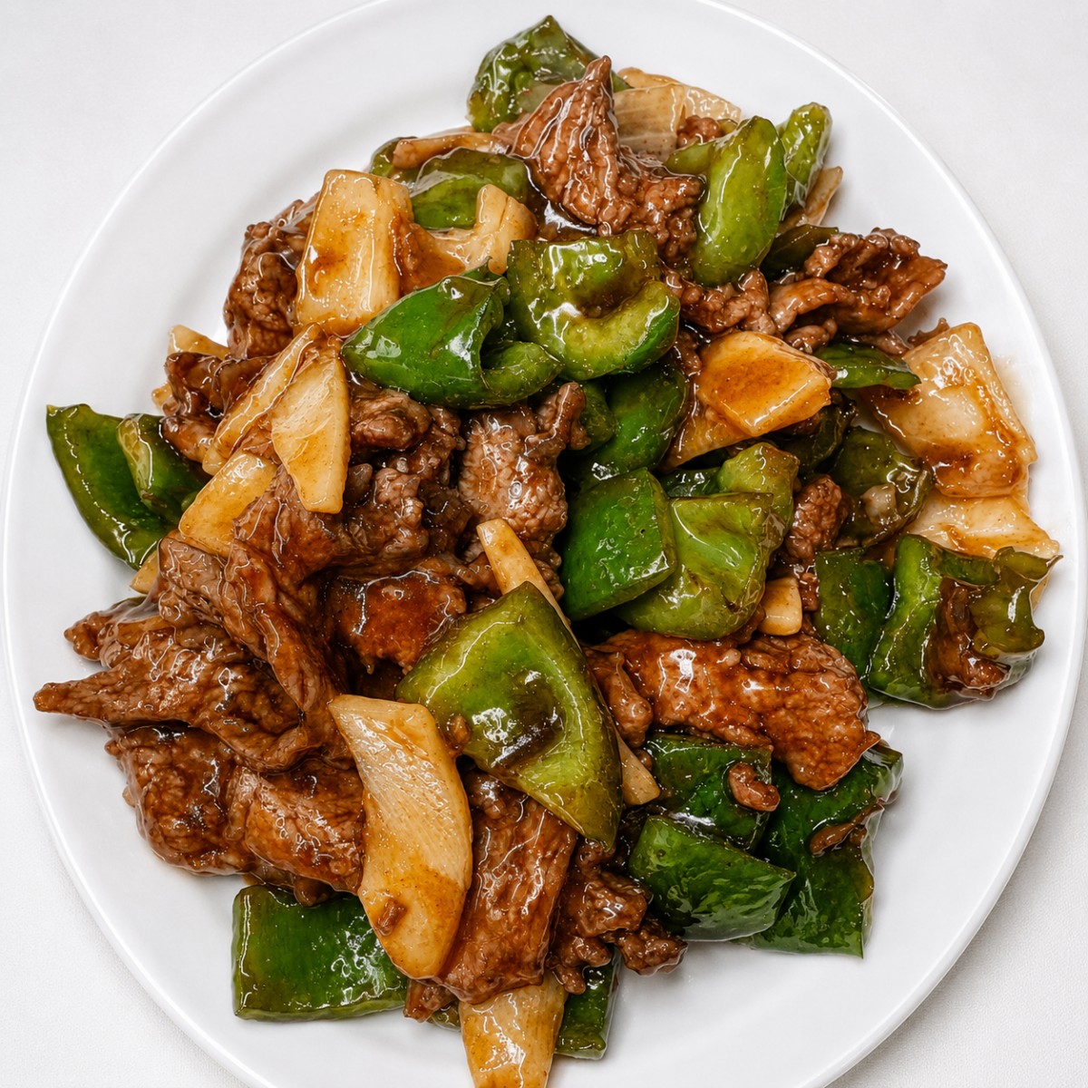 Beef stir fry with green peppers and onions at The Jade Bowl House, a Chinese Restaurant in Columbus