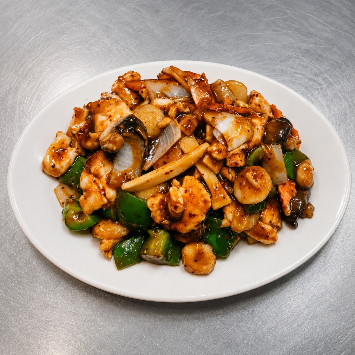 Chicken stir fry with peppers mushrooms and onions at The Jade Bowl House, a Chinese Restaurant in Columbus