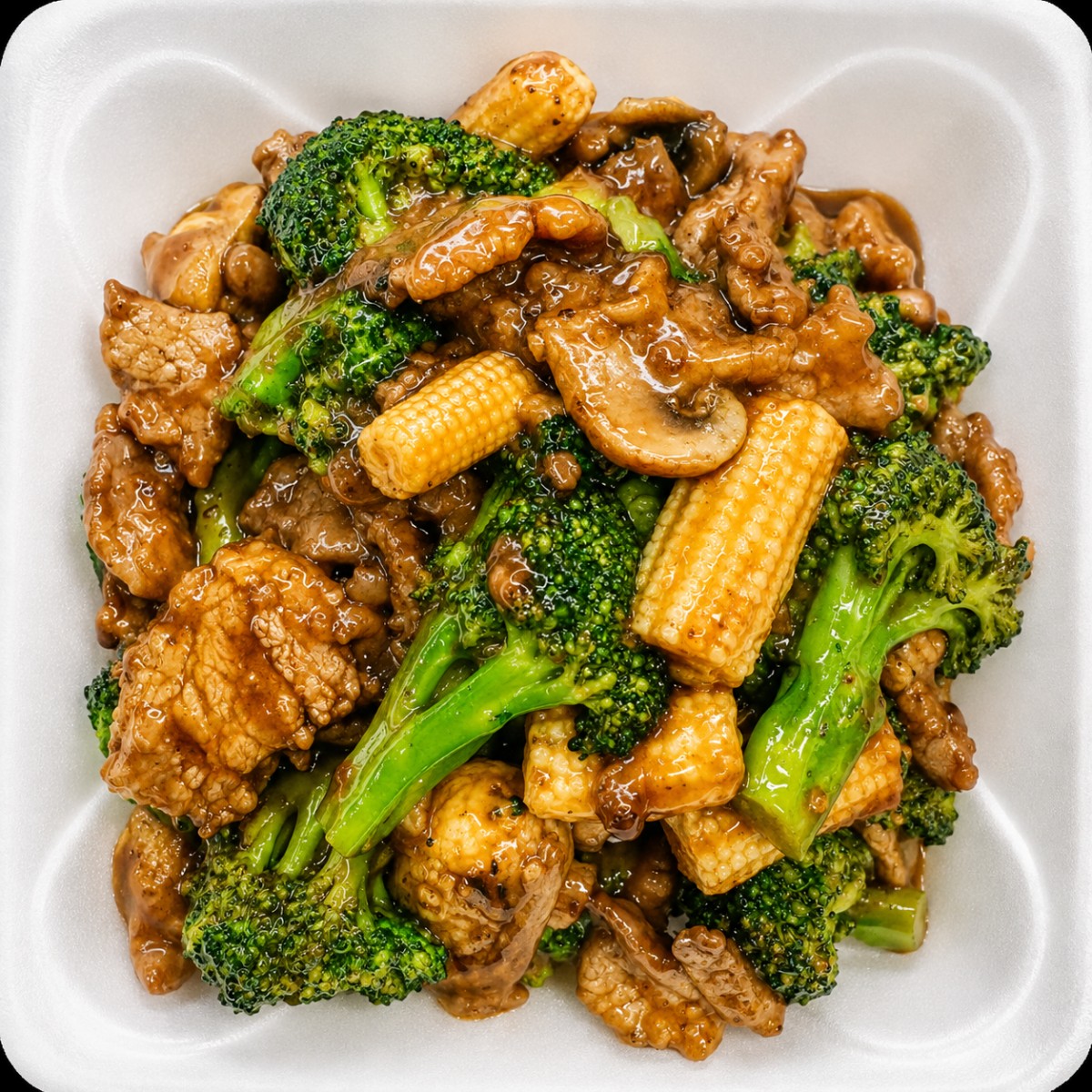 Beef and broccoli with mushrooms and baby corn at The Jade Bowl House, a Chinese Restaurant in Columbus