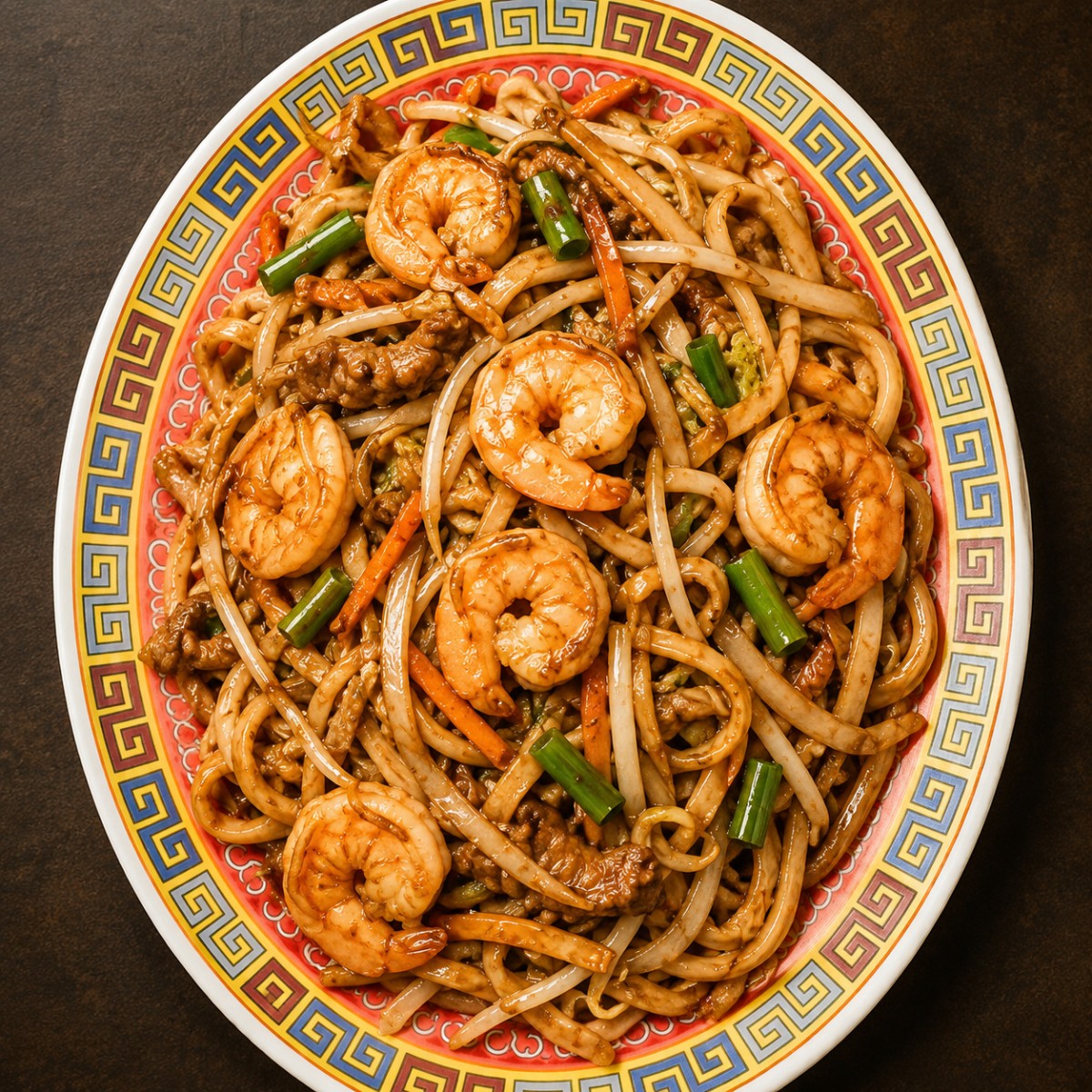 Shrimp lo mein with noodles vegetables and scallions at The Jade Bowl House, a Chinese Restaurant in Columbus