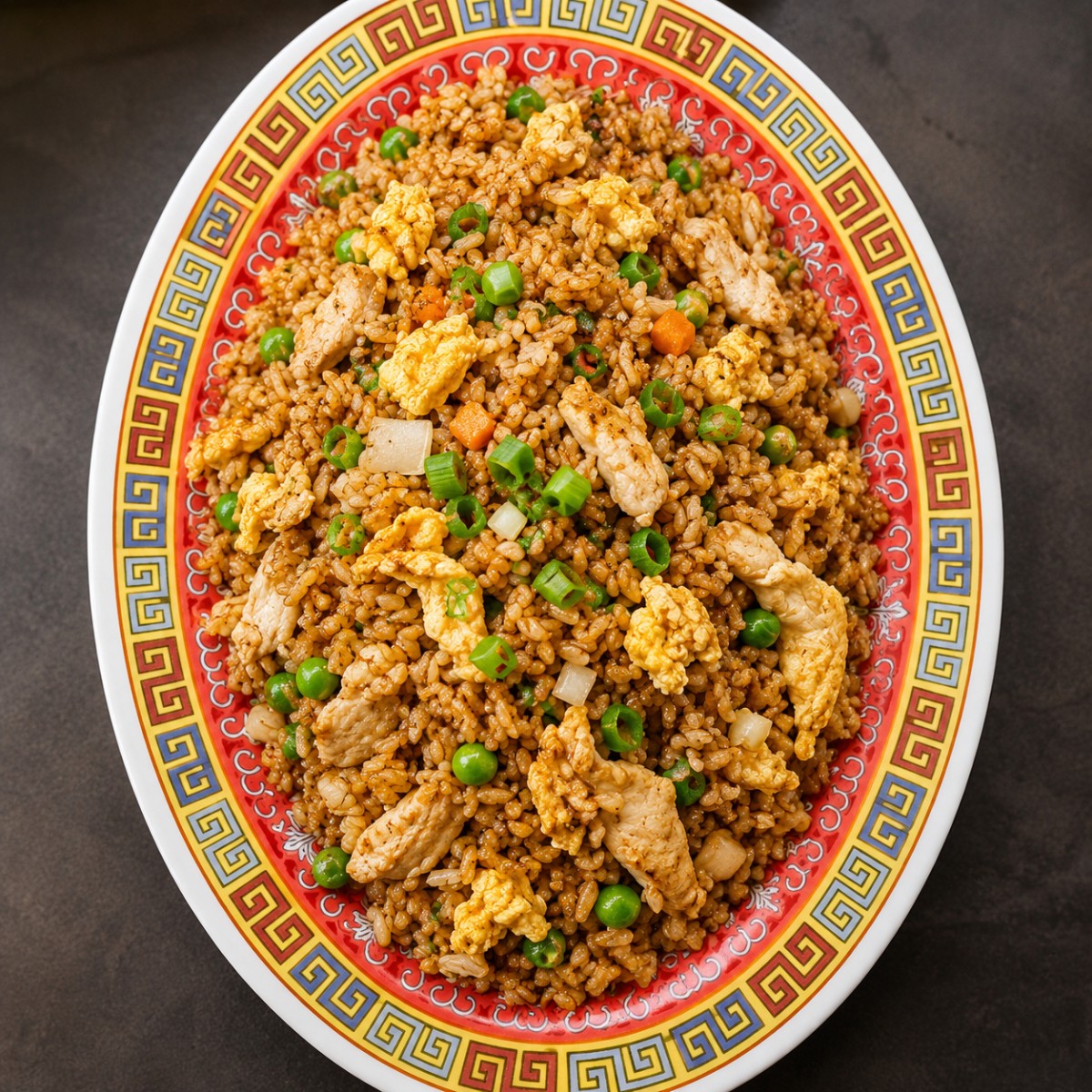 Chicken fried rice with egg peas and scallions at The Jade Bowl House, a Chinese Restaurant in Columbus