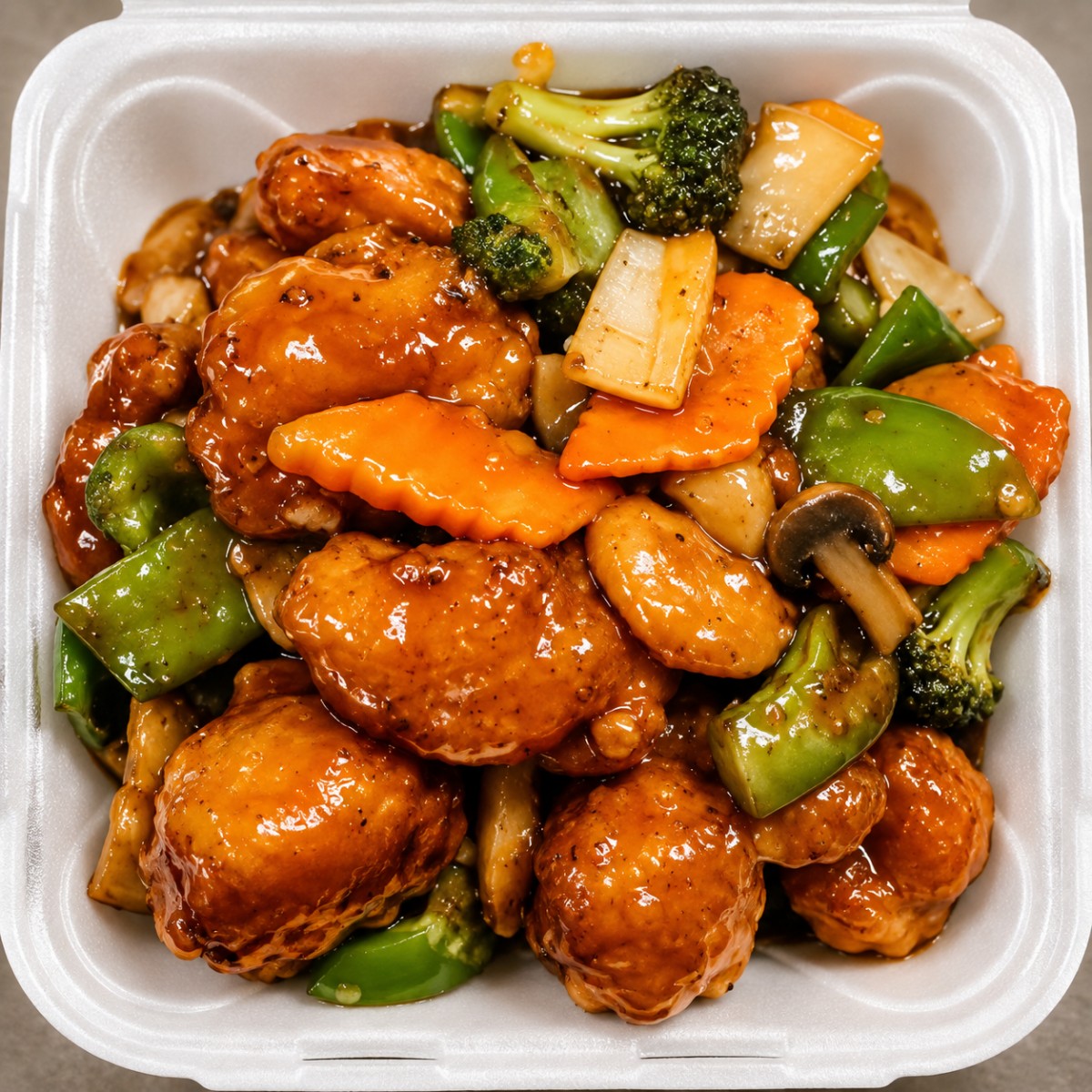 Glazed chicken with broccoli peppers and carrots at The Jade Bowl House, a Chinese Restaurant in Columbus